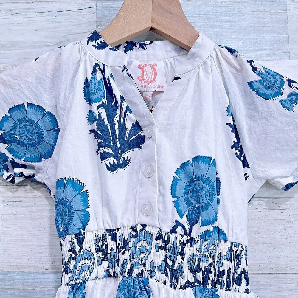 Victoria Dunn Gauze Knit Floral Smocked Waist Dress White Blue Toddler Girl 4T
